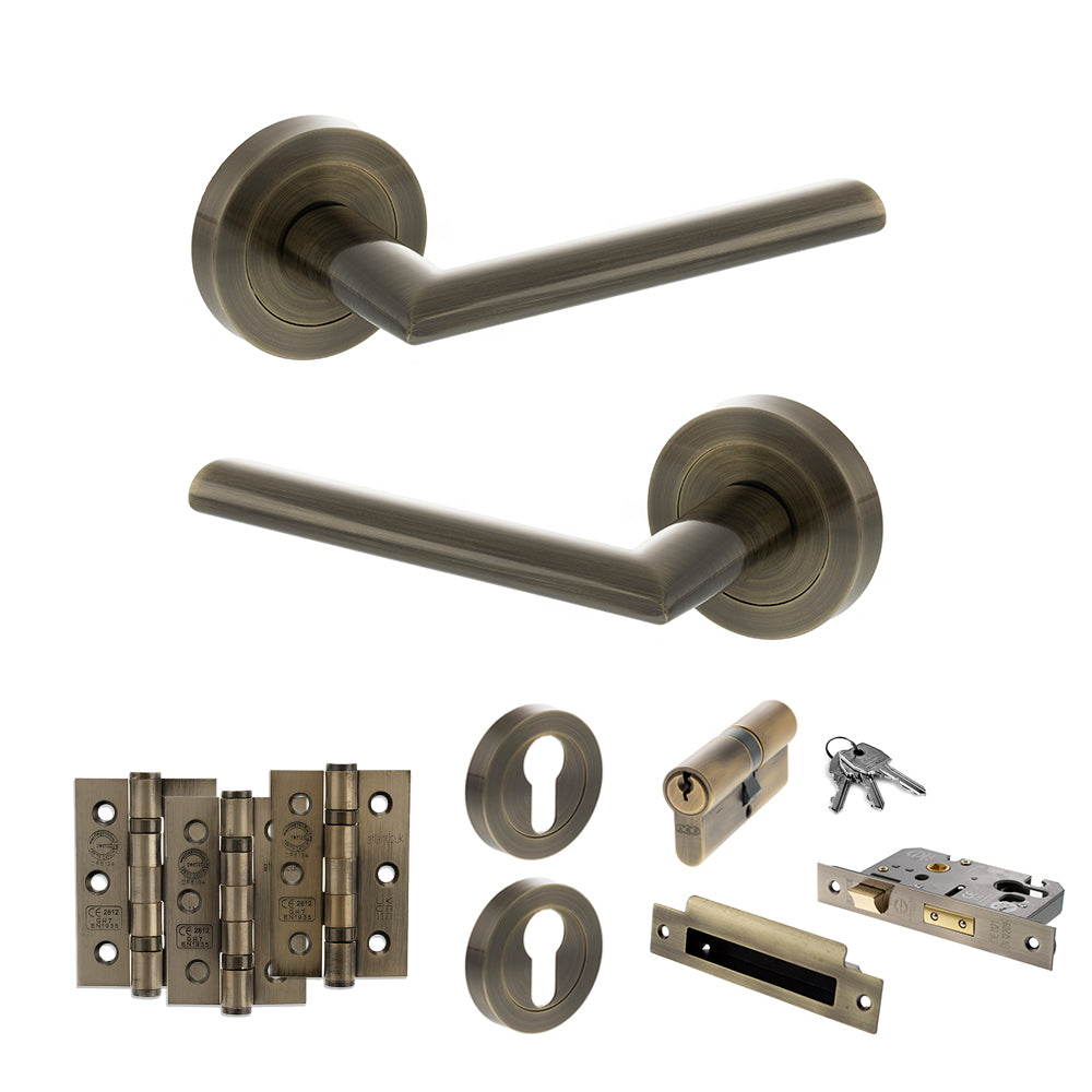 STATUS Alabama Door Handle Pack (Euro Lock Set - 2.5" CE Sashlock, 3" Premium Hinges x3) - Antique Brass