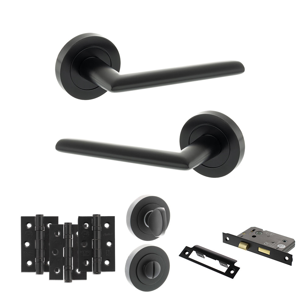 STATUS Alabama Door Handle Pack (Bathroom Set - 3" CE Bathroom Lock, 3" Premium Hinges x3) - Matt Black