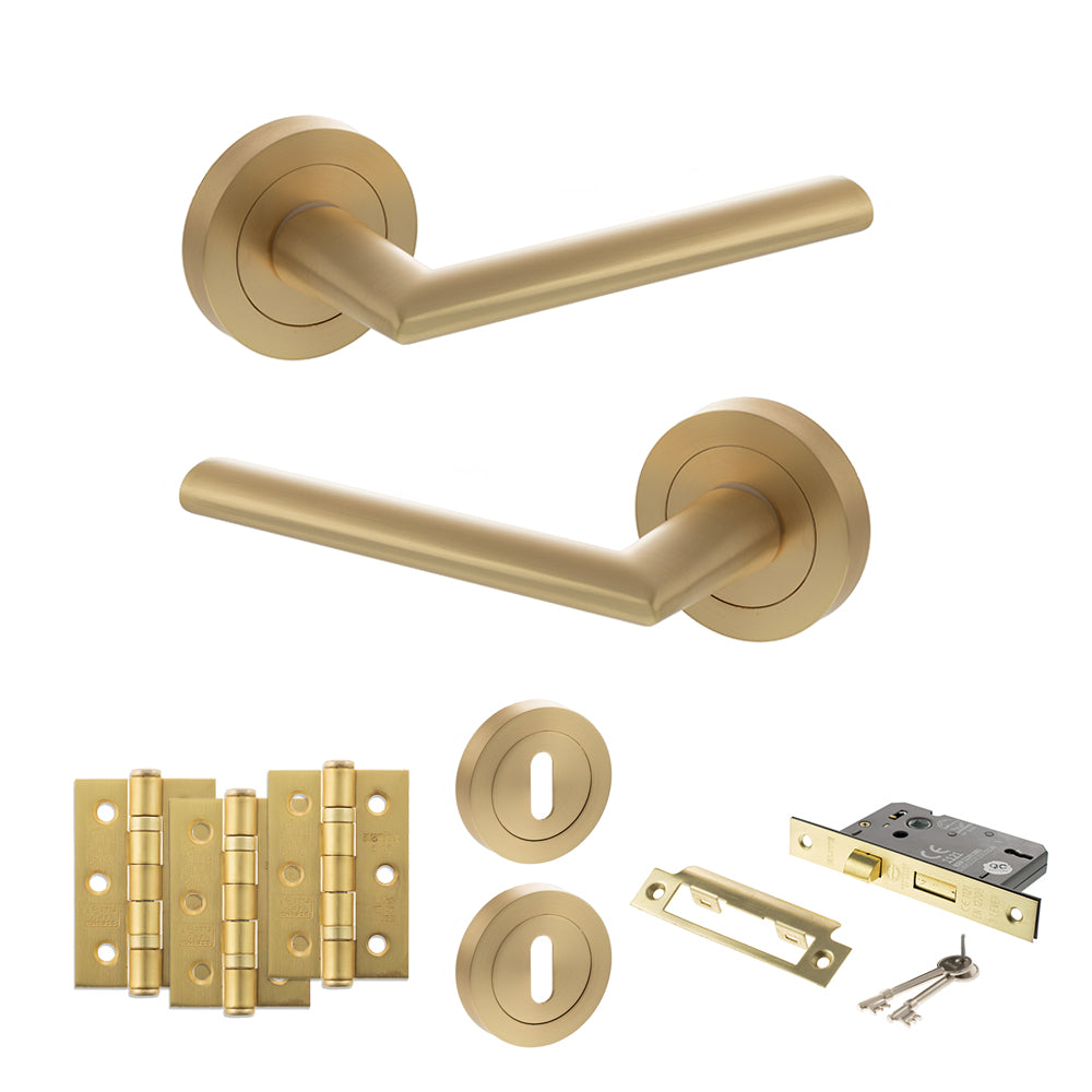 STATUS Alabama Door Handle Pack (3 Lever Lock Set - 2.5" CE Sashlock, 3" Premium Hinges x3) - Satin Brass