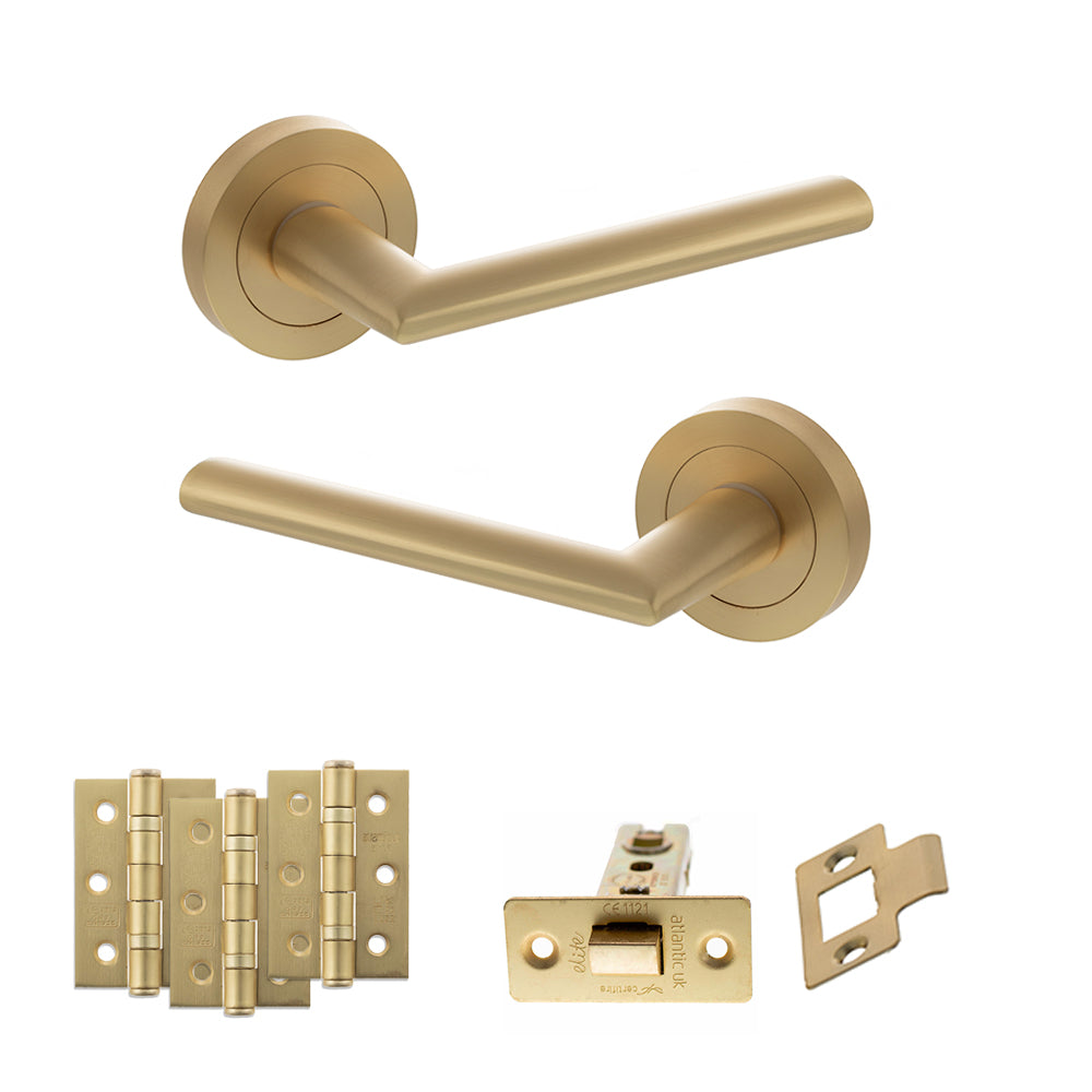 STATUS Alabama Door Handle Pack (Latch Set - 2.5" CE Latch, 3" Premium Hinges x3) - Satin Brass