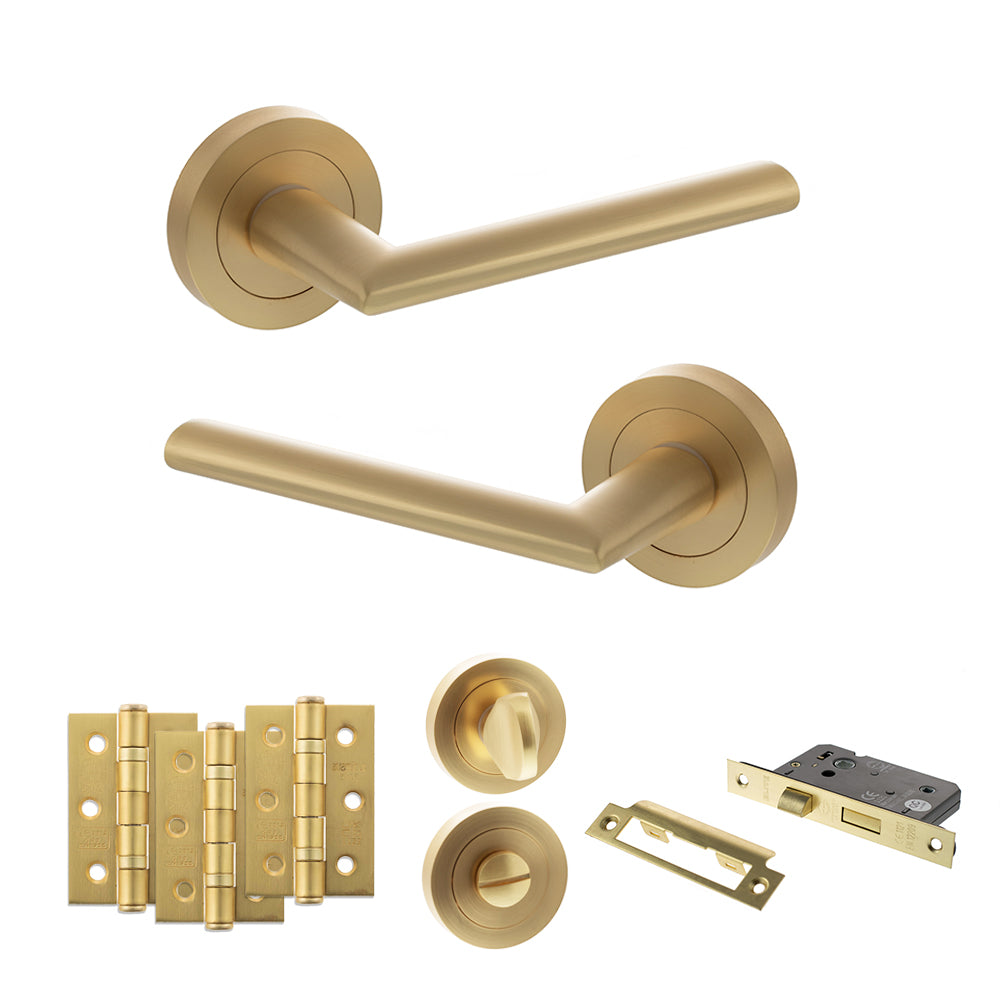 STATUS Alabama Door Handle Pack (Bathroom Set - 3" CE Bathroom Lock, 3" Premium Hinges x3) - Satin Brass