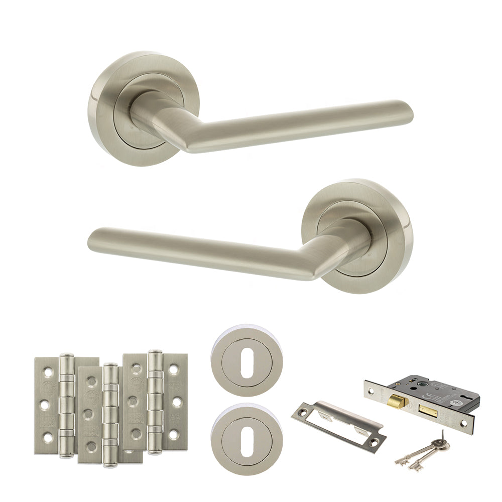STATUS Alabama Door Handle Pack (3 Lever Lock Set - 3" CE Sashlock, 3" Premium Hinges x3) - Satin Nickel