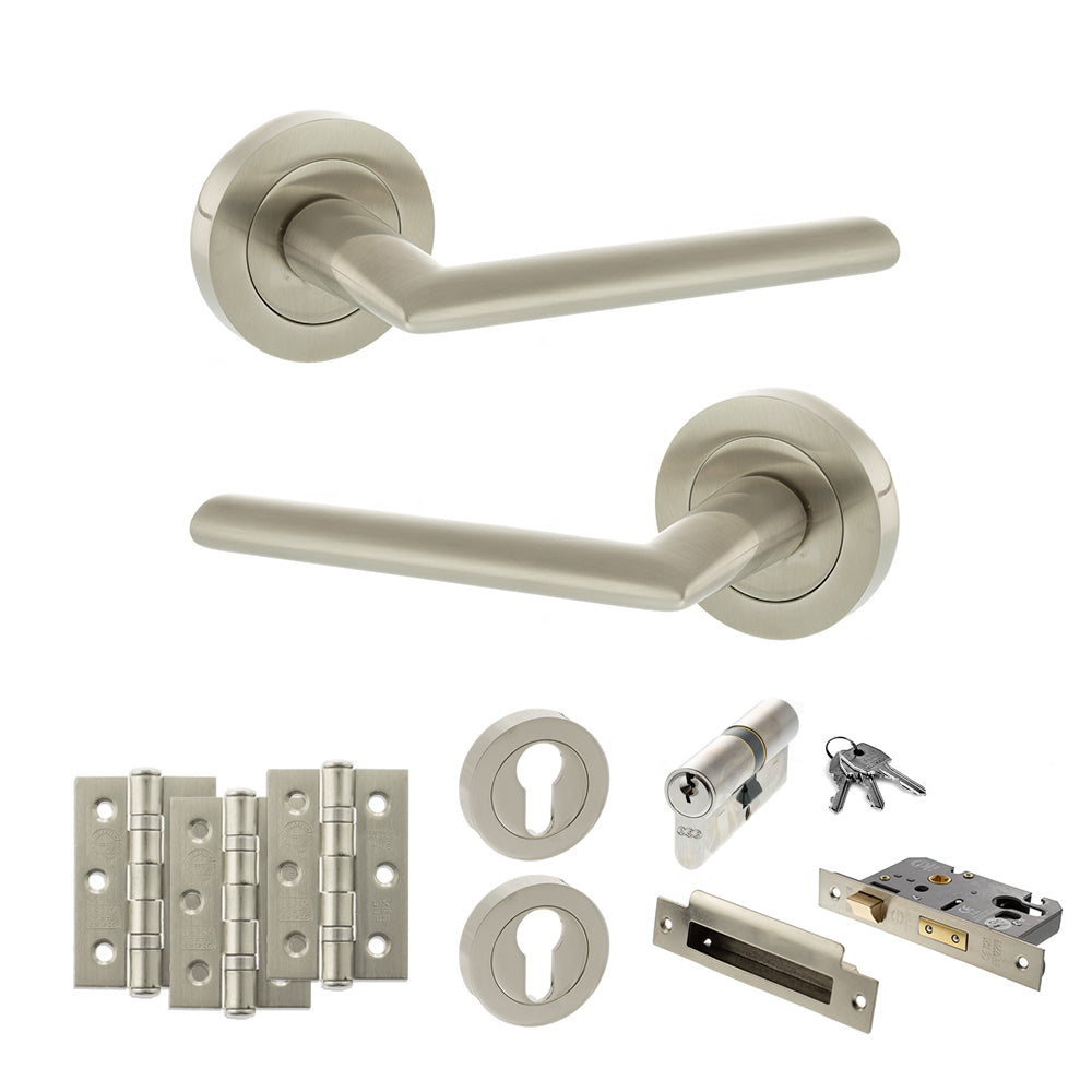 STATUS Alabama Door Handle Pack (Euro Lock Set - 2.5" CE Sashlock, 3" Premium Hinges x3) - Satin Nickel