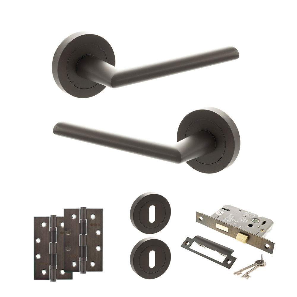 STATUS Alabama Door Handle Pack (3 Lever Lock Set - 2.5" CE Sashlock, 4" Slim Knuckle Hinges x2) - Urban Dark Bronze