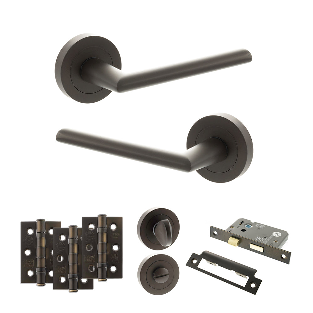 STATUS Alabama Door Handle Pack (Bathroom Set - 2.5" CE Bathroom Lock, 3" Premium Hinges x3) - Urban Dark Bronze