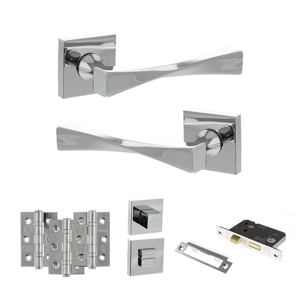 Senza Pari Guido Door Handle Pack (Bathroom Set - 2.5" CE Bathroom Lock, 3" Premium Hinges x3) - Polished Chrome