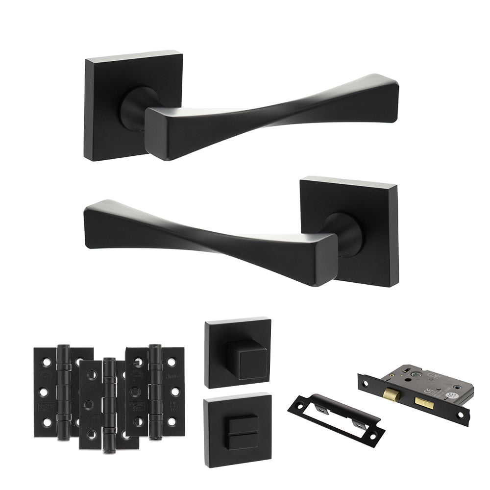Senza Pari Guido Door Handle Pack (Bathroom Set - 3" CE Bathroom Lock, 3" Premium Hinges x3) - Matt Black