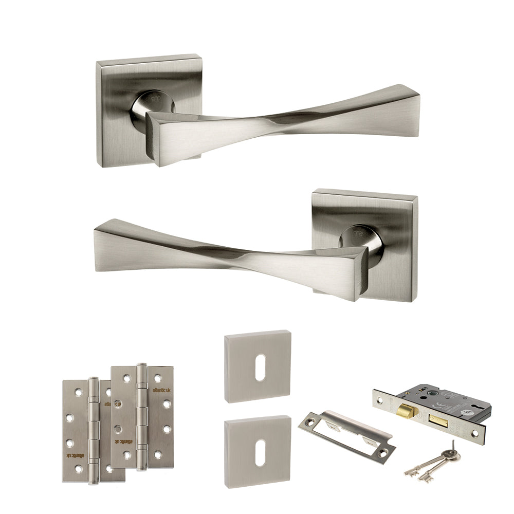 Senza Pari Guido Door Handle Pack (3 Lever Lock Set - 2.5" CE Sashlock, 4" Slim Knuckle Hinges x2) - Satin Nickel