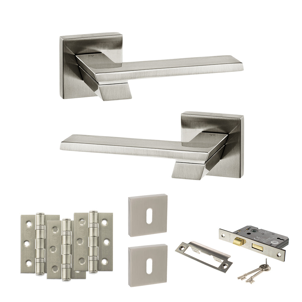 Senza Pari Giovanni Door Handle Pack (3 Lever Lock Set - 3" CE Sashlock, 3" Premium Hinges x3) - Satin Nickel