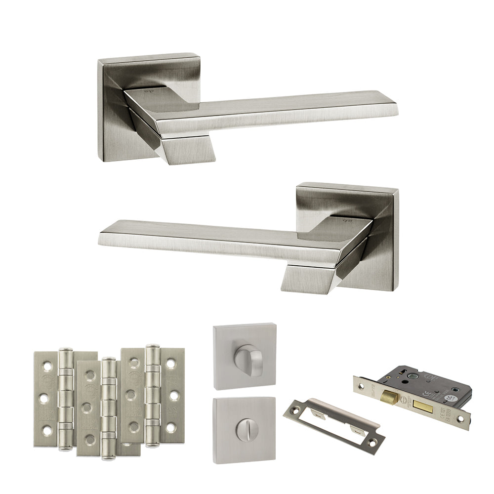 Senza Pari Giovanni Door Handle Pack (Bathroom Set - 3" CE Bathroom Lock, 3" Premium Hinges x3) - Satin Nickel