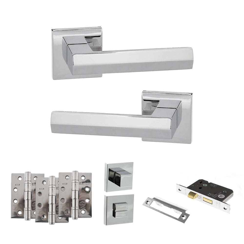 Senza Pari Davoli Door Handle Pack (Bathroom Set - 3" CE Bathroom Lock, 4" Fire Rated Hinges x3) - Polished Chrome