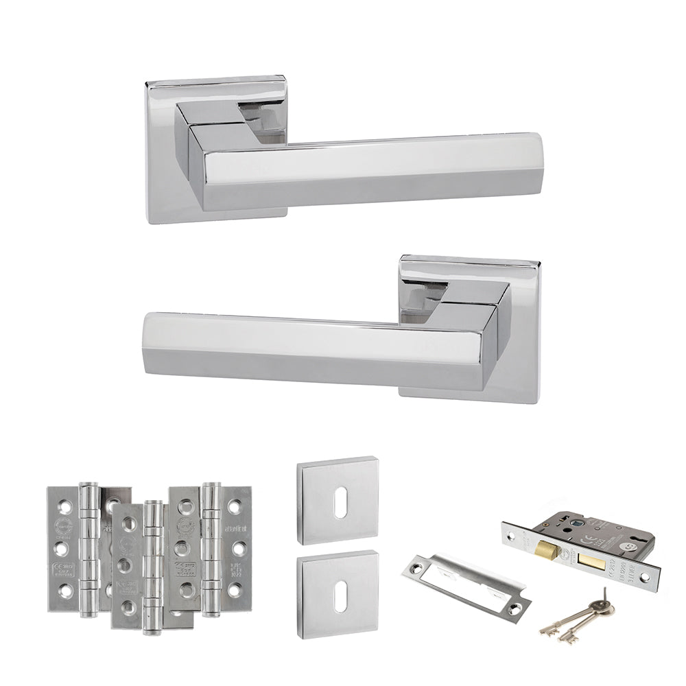 Senza Pari Davoli Door Handle Pack (3 Lever Lock Set - 3" CE Sashlock, 3" Premium Hinges x3) - Polished Chrome