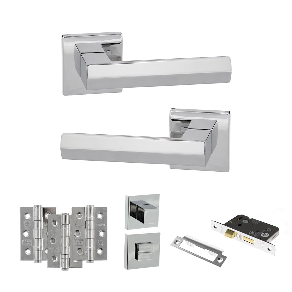 Senza Pari Davoli Door Handle Pack (Bathroom Set - 2.5" CE Bathroom Lock, 3" Premium Hinges x3) - Polished Chrome