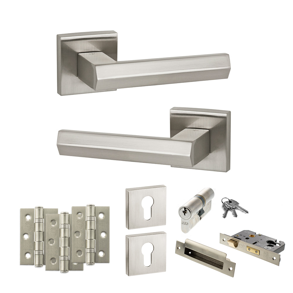 Senza Pari Davoli Door Handle Pack (Euro Lock Set - 3" CE Sashlock, 3" Premium Hinges x3) - Satin Nickel