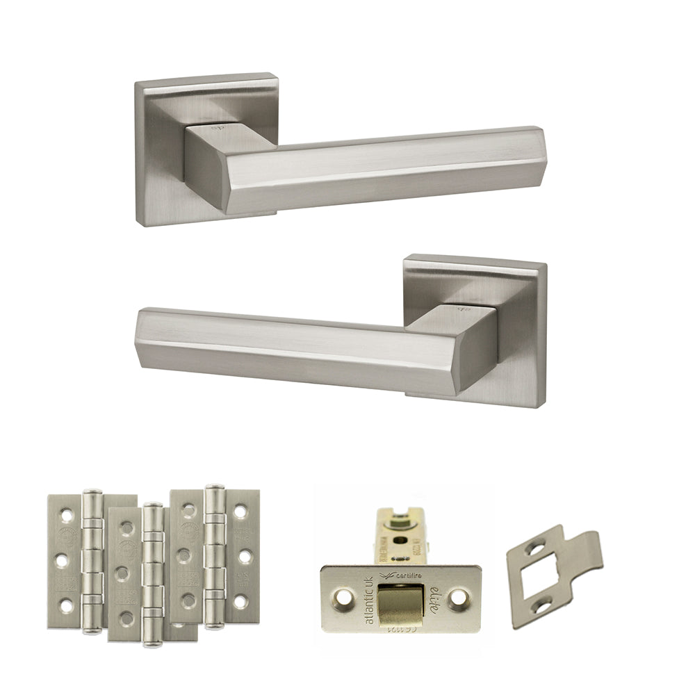 Senza Pari Davoli Door Handle Pack (Latch Set - 3" CE Latch, 3" Premium Hinges x3) - Satin Nickel