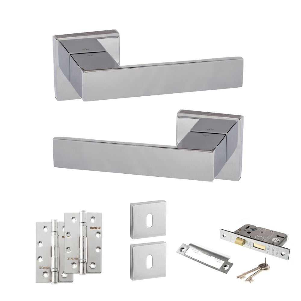 Senza Pari Panetti Door Handle Pack (3 Lever Lock Set - 3" CE Sashlock, 4" Slim Knuckle Hinges x2) - Polished Chrome