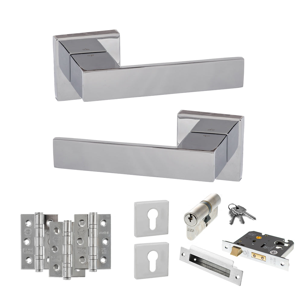Senza Pari Panetti Door Handle Pack (Euro Lock Set - 2.5" CE Sashlock, 3" Premium Hinges x3) - Polished Chrome