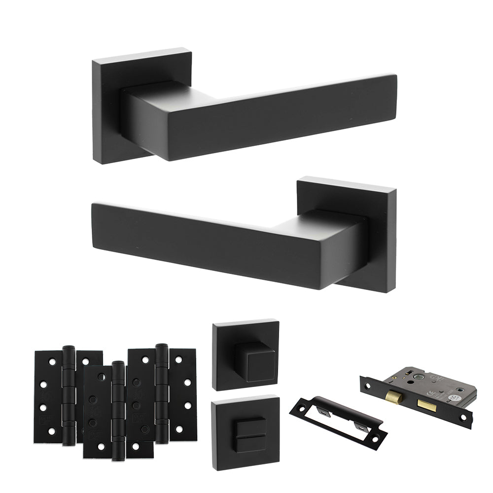 Senza Pari Panetti Door Handle Pack (Bathroom Set - 3" CE Bathroom Lock, 4" Fire Rated Hinges x3) - Matt Black