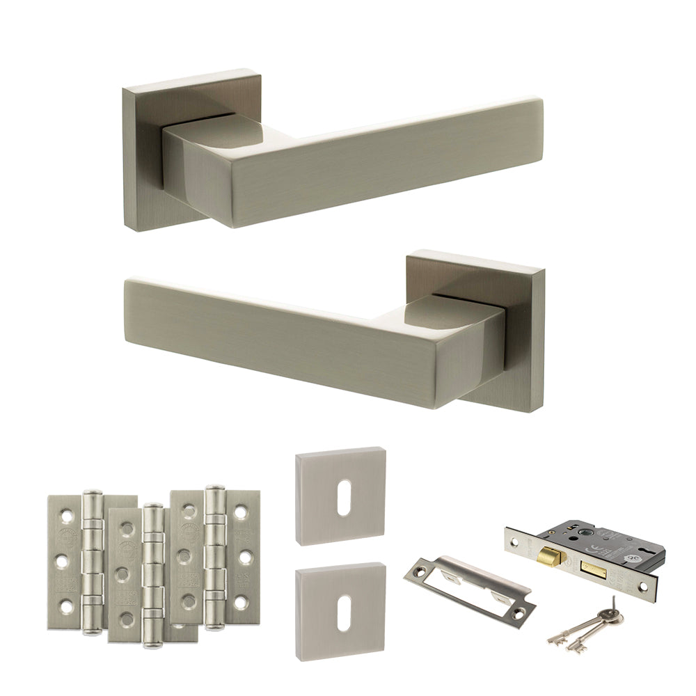 Senza Pari Panetti Door Handle Pack (3 Lever Lock Set - 2.5" CE Sashlock, 3" Premium Hinges x3) - Satin Nickel