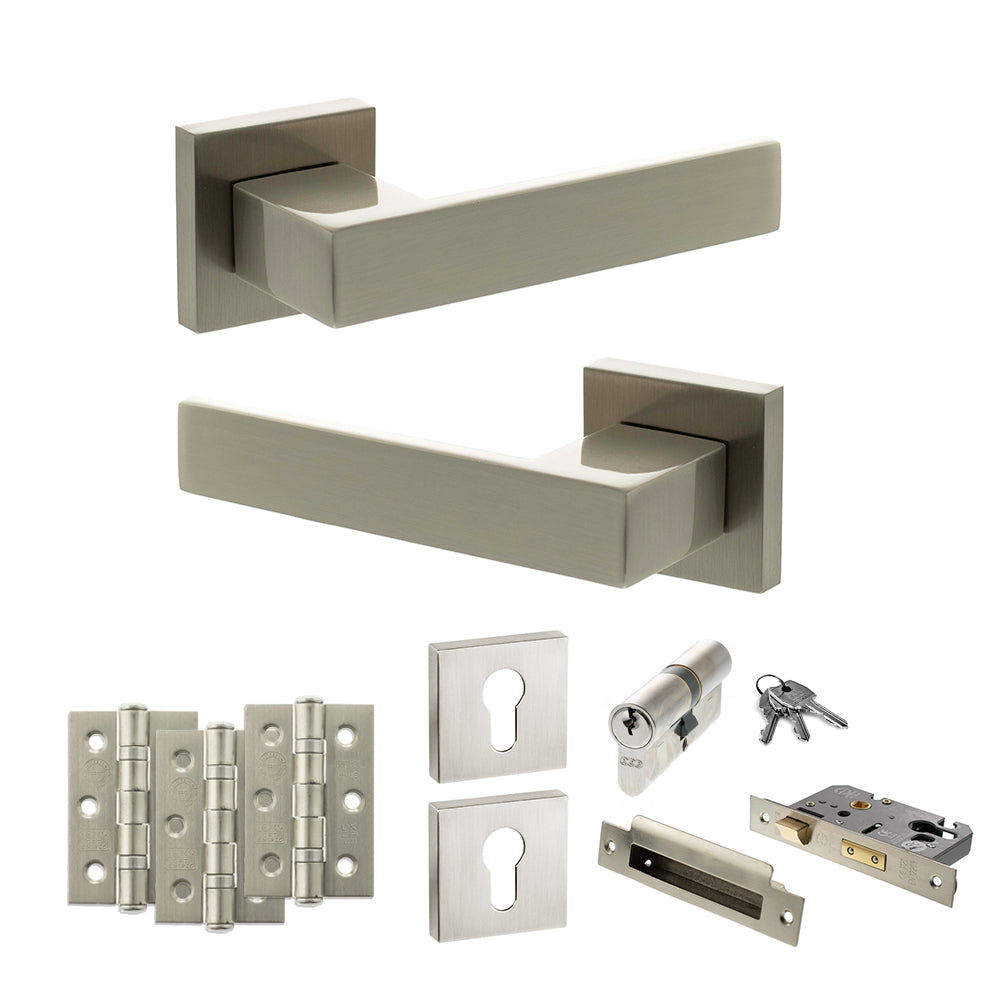 Senza Pari Panetti Door Handle Pack (Euro Lock Set - 2.5" CE Sashlock, 3" Premium Hinges x3) - Satin Nickel