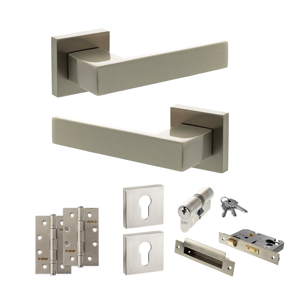 Senza Pari Panetti Door Handle Pack (Euro Lock Set - 3" CE Sashlock, 4" Slim Knuckle Hinges x2) - Satin Nickel