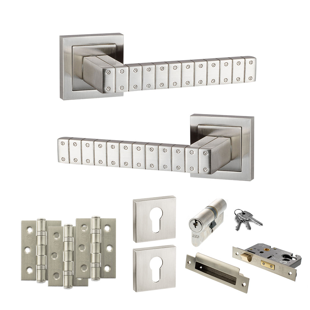 Senza Pari Bianca Door Handle Pack (Euro Lock Set - 3" CE Sashlock, 3" Premium Hinges x3) - Satin Nickel