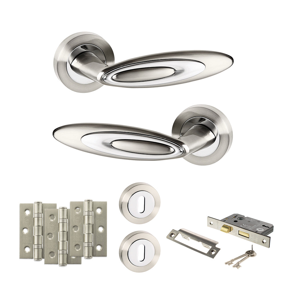 Senza Pari Elisse Door Handle Pack (3 Lever Lock Set - 2.5" CE Sashlock, 3" Premium Hinges x3) - Satin Nickel/Chrome Plate