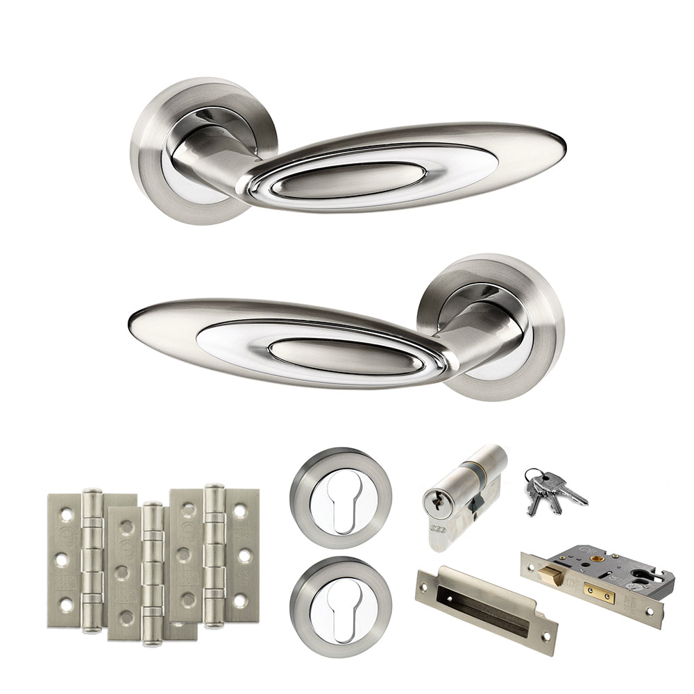Senza Pari Elisse Door Handle Pack (Euro Lock Set - 3" CE Sashlock, 3" Premium Hinges x3) - Satin Nickel/Chrome Plate