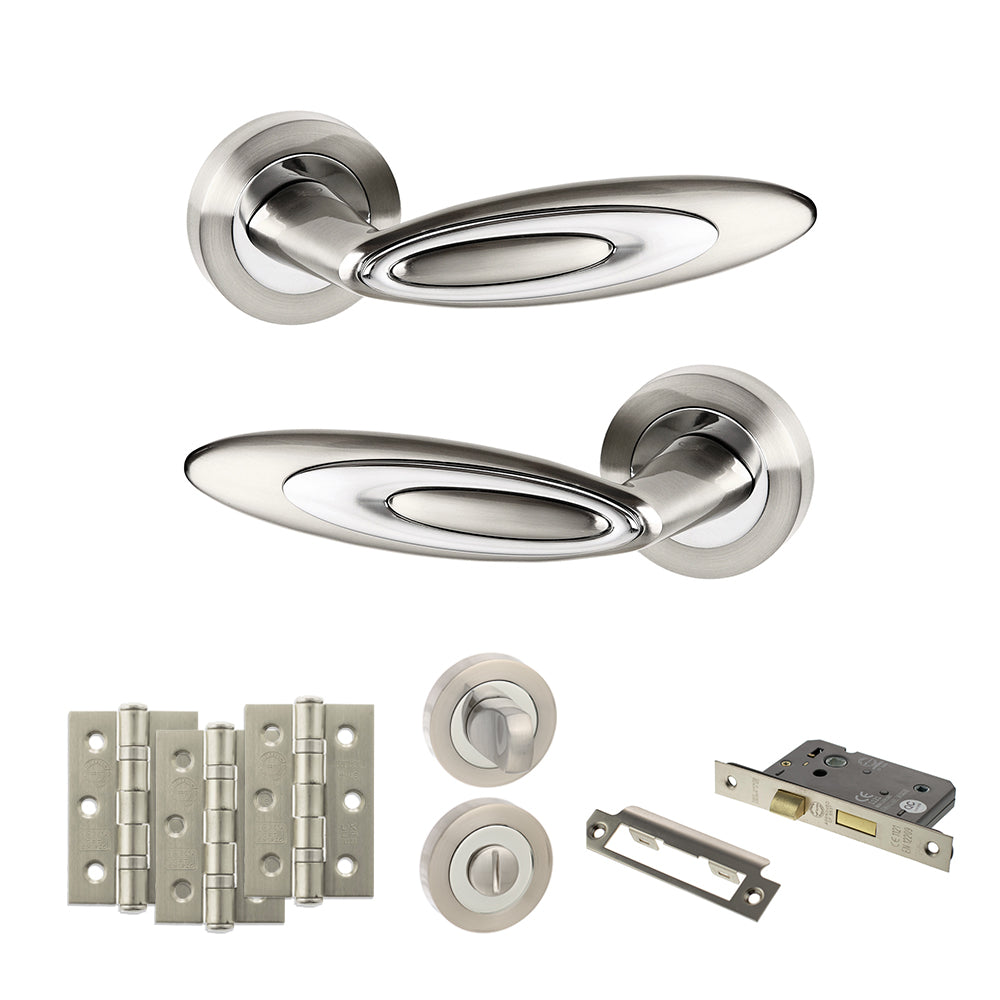 Senza Pari Elisse Door Handle Pack (Bathroom Set - 2.5" CE Bathroom Lock, 3" Premium Hinges x3) - Satin Nickel/Chrome Plate