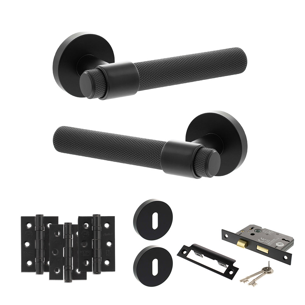 Senza Pari Andretta Door Handle Pack (3 Lever Lock Set - 3" CE Sashlock, 3" Premium Hinges x3) - Matt Black