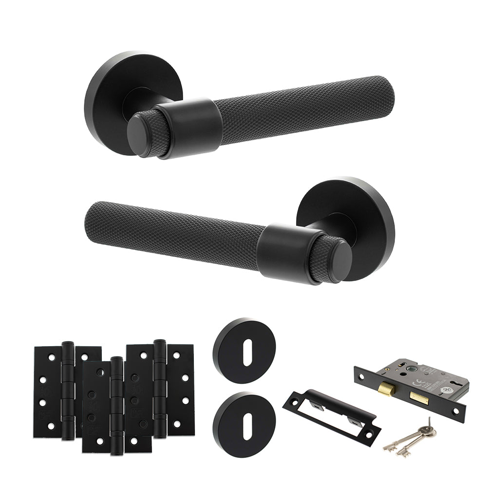 Senza Pari Andretta Door Handle Pack (3 Lever Lock Set - 2.5" CE Sashlock, 4" Fire Rated Hinges x3) - Matt Black