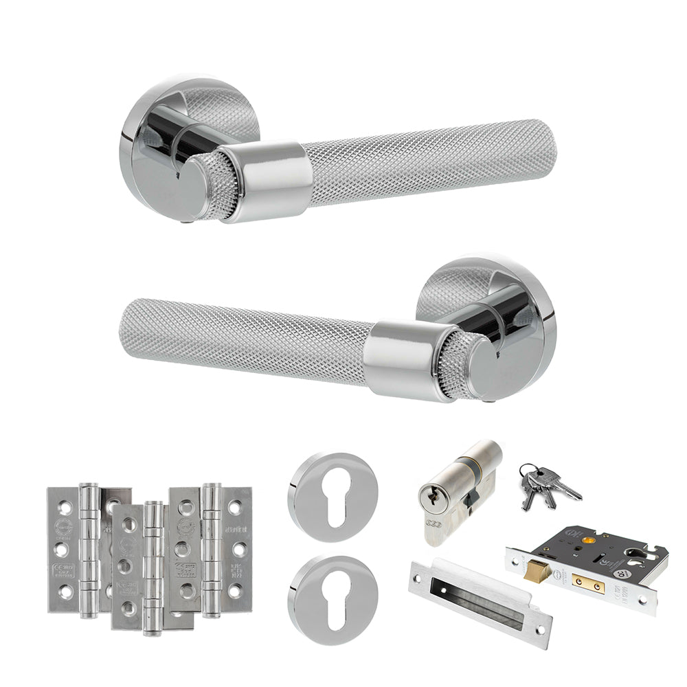Senza Pari Andretta Door Handle Pack (Euro Lock Set - 3" CE Sashlock, 3" Premium Hinges x3) - Polished Chrome