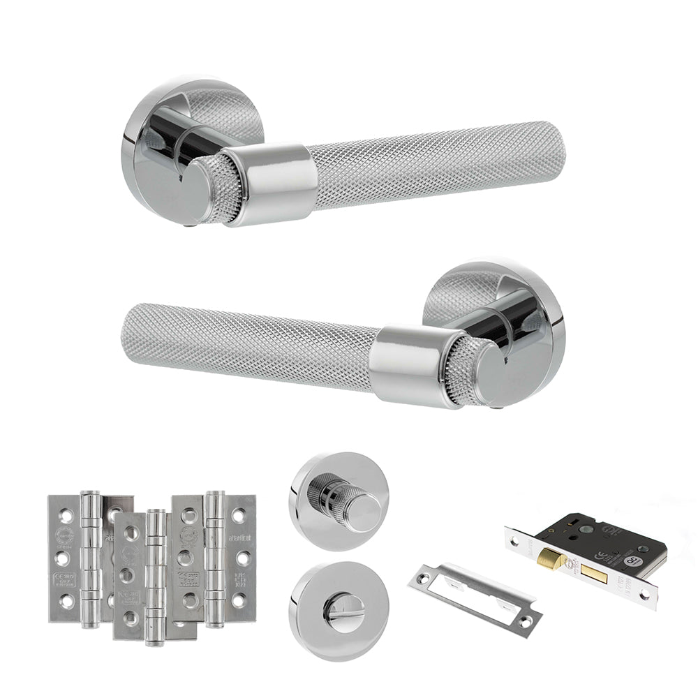 Senza Pari Andretta Door Handle Pack (Bathroom Set - 3" CE Bathroom Lock, 3" Premium Hinges x3) - Polished Chrome