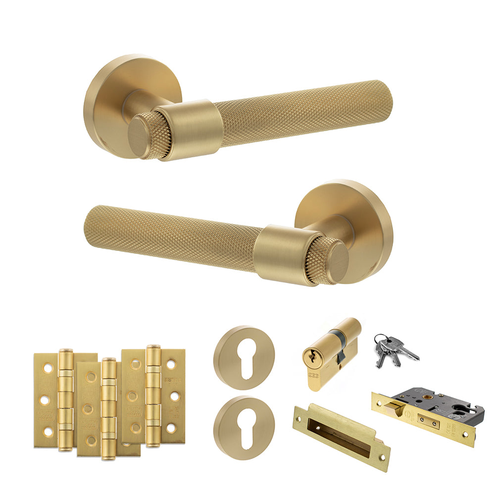 Senza Pari Andretta Door Handle Pack (Euro Lock Set - 2.5" CE Sashlock, 3" Premium Hinges x3) - Satin Brass