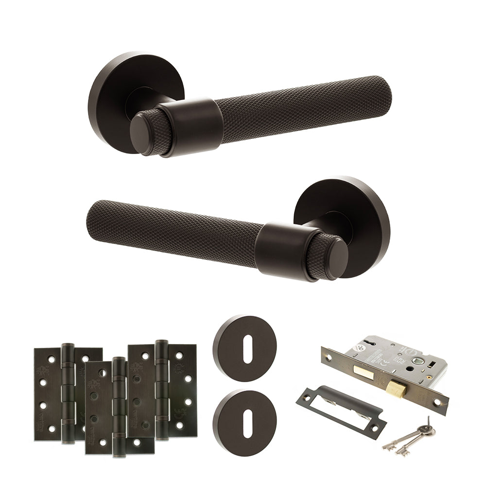 Senza Pari Andretta Door Handle Pack (3 Lever Lock Set - 2.5" CE Sashlock, 4" Fire Rated Hinges x3) - Urban Dark Bronze