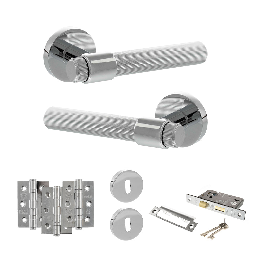 Senza Pari Fasana Door Handle Pack (3 Lever Lock Set - 3" CE Sashlock, 3" Premium Hinges x3) - Polished Chrome