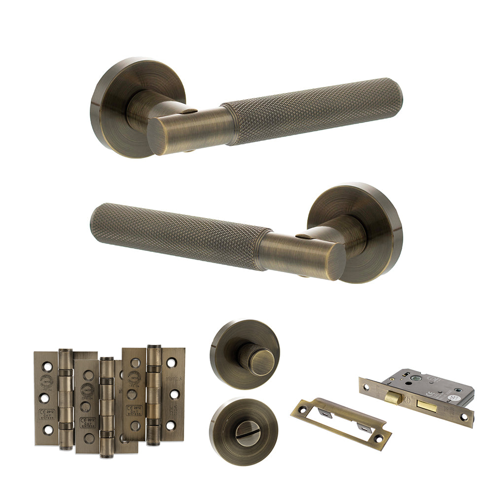 Senza Pari Rosarno Door Handle Pack (Bathroom Set - 2.5" CE Bathroom Lock, 3" Premium Hinges x3) - Antique Brass
