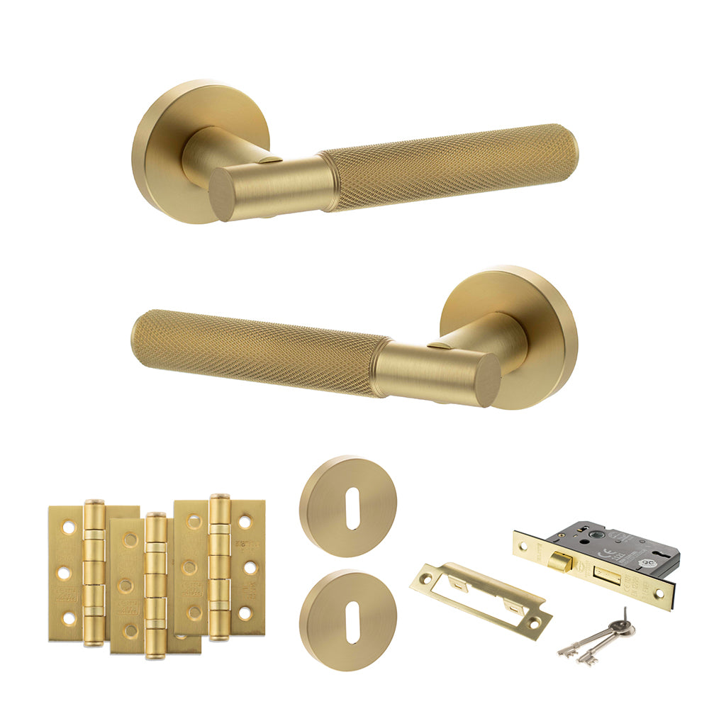 Senza Pari Rosarno Door Handle Pack (3 Lever Lock Set - 3" CE Sashlock, 3" Premium Hinges x3) - Satin Brass