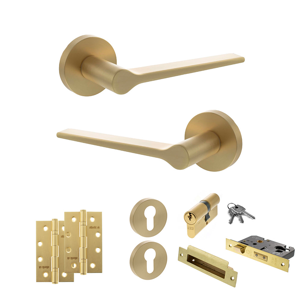 Senza Pari Laviano Door Handle Pack (Euro Lock Set - 3" CE Sashlock, 4" Slim Knuckle Hinges x2) - Satin Brass