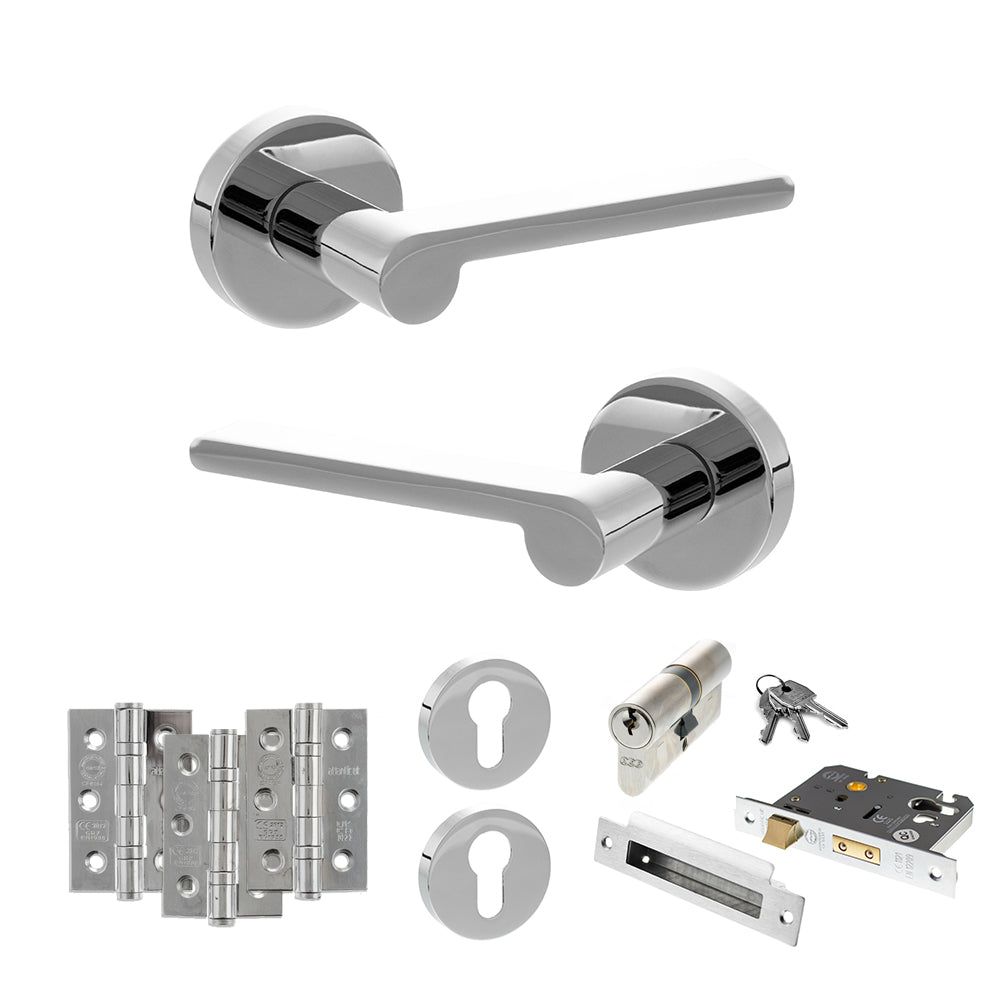 Senza Pari Darrio Door Handle Pack (Euro Lock Set - 3" CE Sashlock, 3" Premium Hinges x3) - Polished Chrome