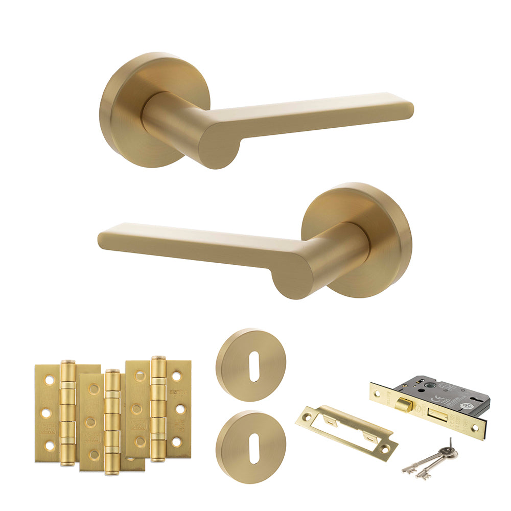 Senza Pari Darrio Door Handle Pack (3 Lever Lock Set - 3" CE Sashlock, 3" Premium Hinges x3) - Satin Brass