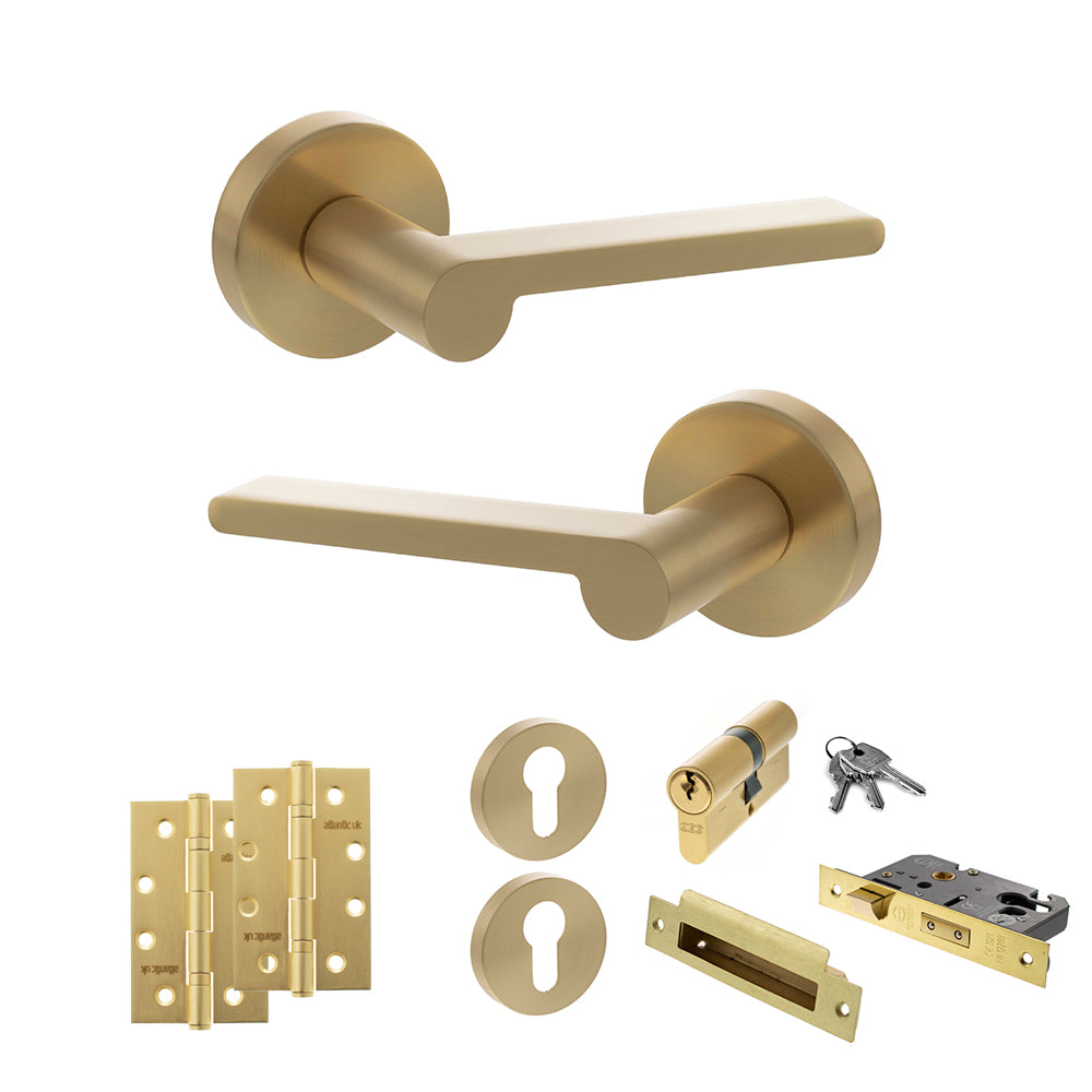 Senza Pari Darrio Door Handle Pack (Euro Lock Set - 3" CE Sashlock, 4" Slim Knuckle Hinges x2) - Satin Brass