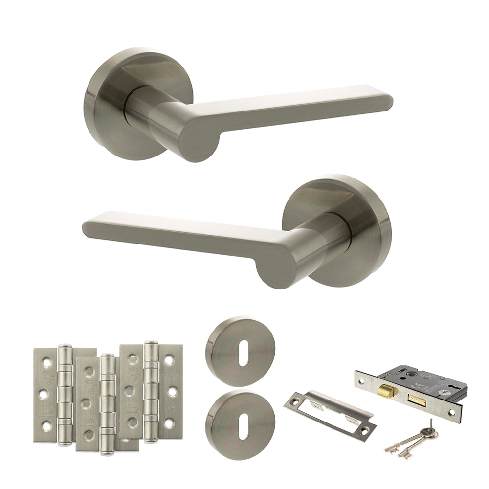 Senza Pari Darrio Door Handle Pack (3 Lever Lock Set - 3" CE Sashlock, 3" Premium Hinges x3) - Satin Nickel