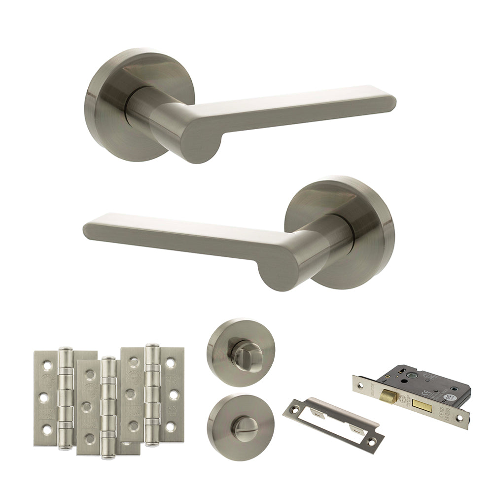Senza Pari Darrio Door Handle Pack (Bathroom Set - 3" CE Bathroom Lock, 3" Premium Hinges x3) - Satin Nickel