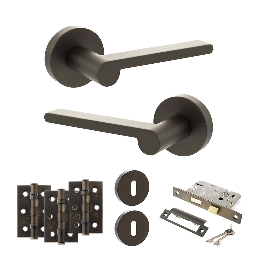 Senza Pari Darrio Door Handle Pack (3 Lever Lock Set - 2.5" CE Sashlock, 3" Premium Hinges x3) - Urban Dark Bronze