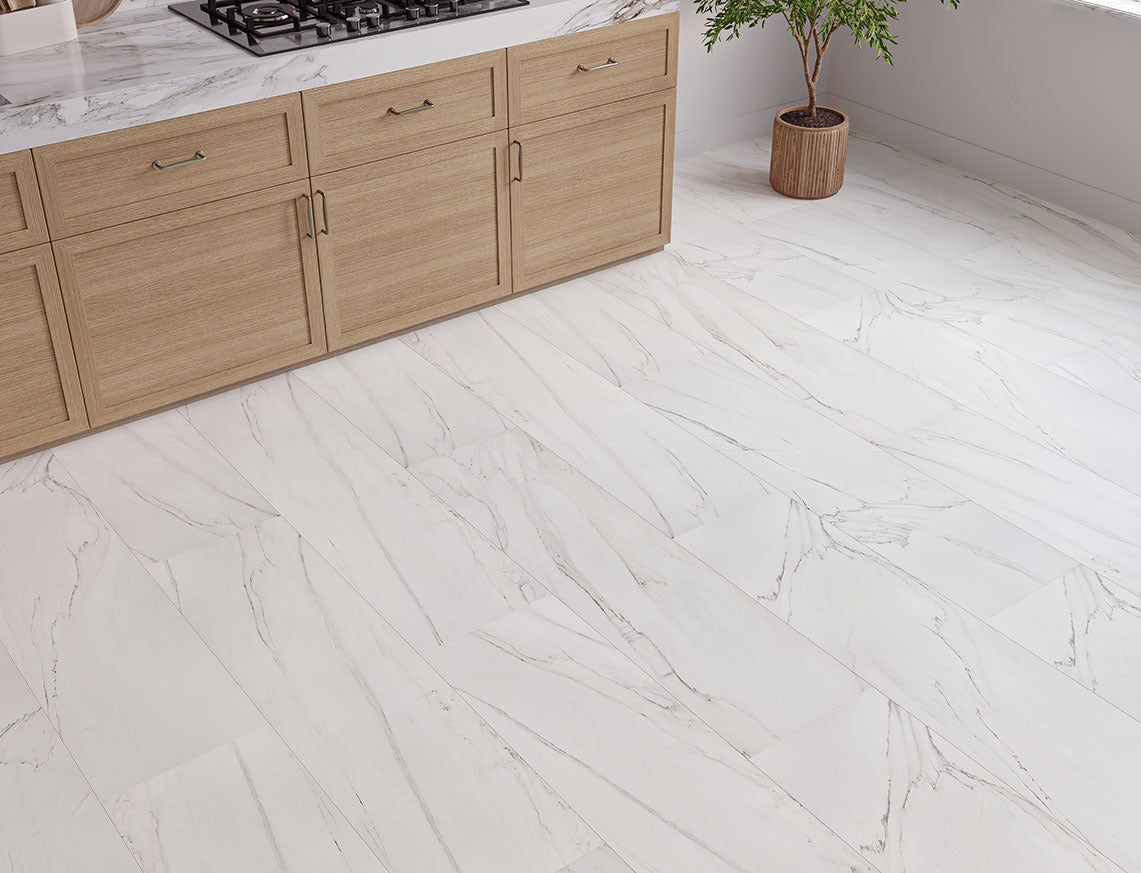 AGT Mood 10mm Mare White Marbled Stone Textured Tile Laminate Flooring | 325 x 1195 x 10mm