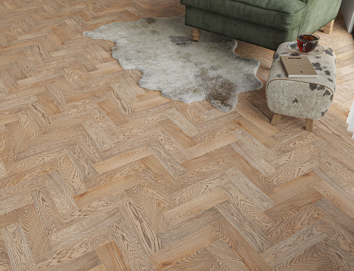Hazlehead Oak Smoked Brushed Herringbone Engineered Wood Flooring | UV Oiled | 90 x 400 x 15/4mm