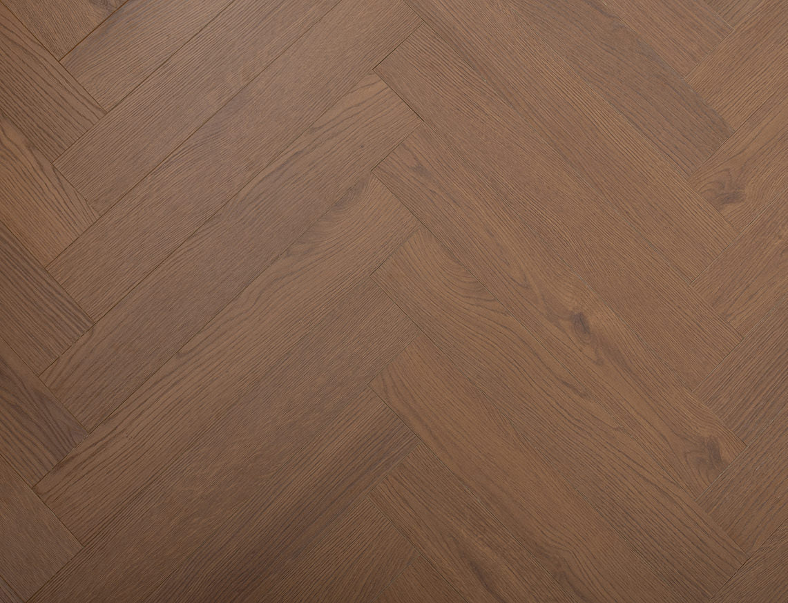 Oakleigh 8mm Romsey Dark Chocolate Textured Herringbone Laminate Flooring | 100 x 600 x 8mm