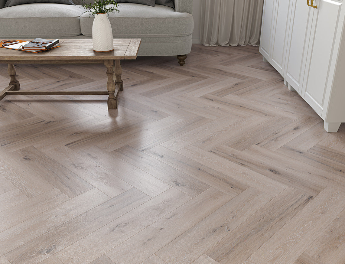 Studland Oak Whitewashed Grey Oak Herringbone LVT Flooring | 128 x 615 x 5/0.5mm