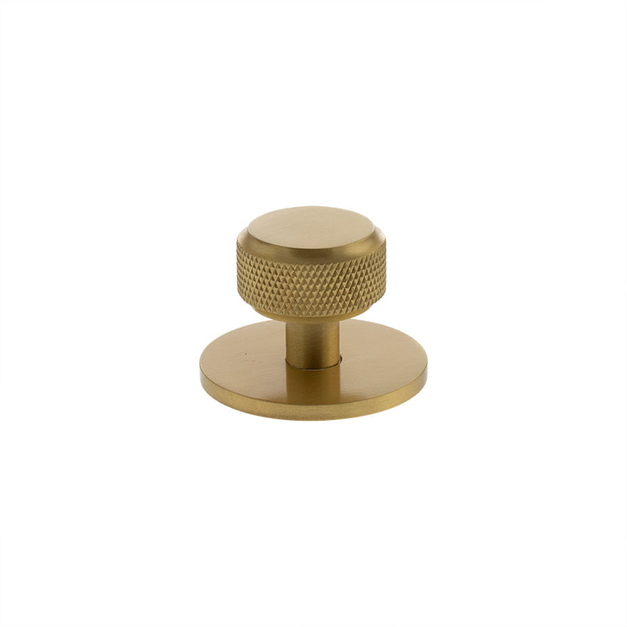 Millhouse Brass Eiffel Knurled Round Cabinet Knob Handle on Backplate - Satin Brass